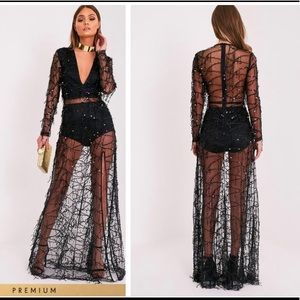 Sequin Mesh maxi dress with slit